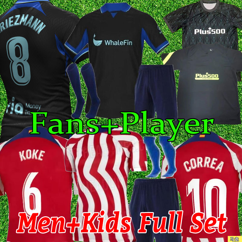 

soccer jerseys 21 22 23 JOAO FELIX 2022 2023 M. LLORENTE SUAREZ Correa camiseta football shirts uniforms men kids kit Set GRIEZMANN R. DE PAUL CARRASCO Atletico MadridS, 22-23 away