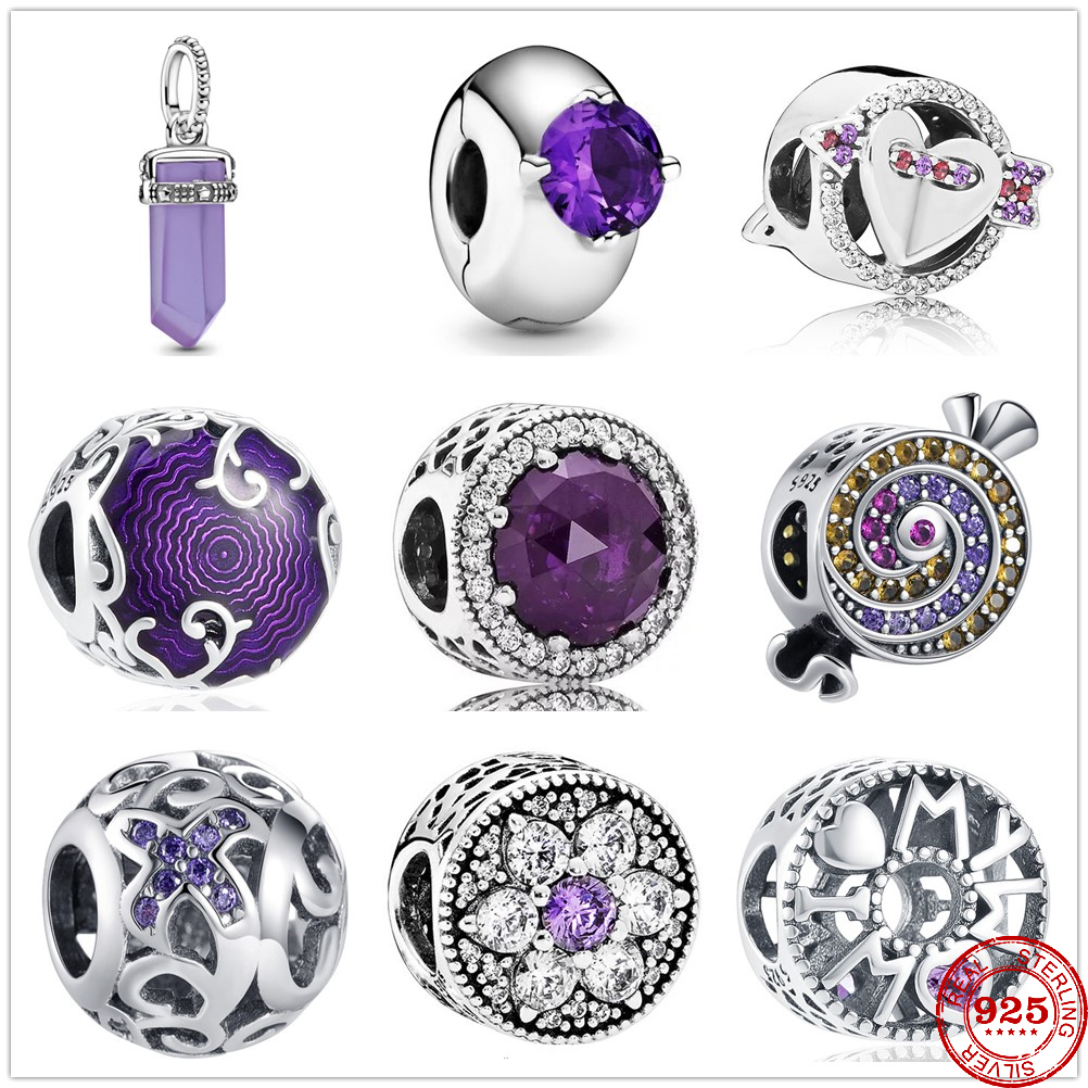 925 Sterling Silver Dangle Charm New Purple Round Solitaire Clip Beads Bead Fit Charms Bracelet DIY Jewelry Accessories