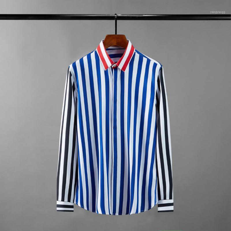 

Men's Casual Shirts Minglu Cotton Male High Quality Contrast Color Stripe Long Sleeve Mens Dress Fashion Slim Party Man, Blue
