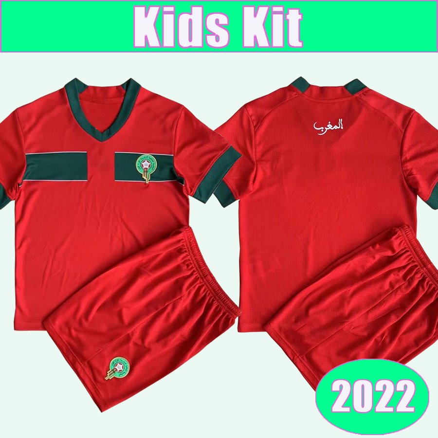 

2022 Morocco National Team Kids Kit Soccer Jerseys HAKIMI ZIYECH SAISS EL ARABI FAJR EN NESYRI Home Red Away Football Shirt Short Sleeve Uniforms, Tz8699 2022 home no socks