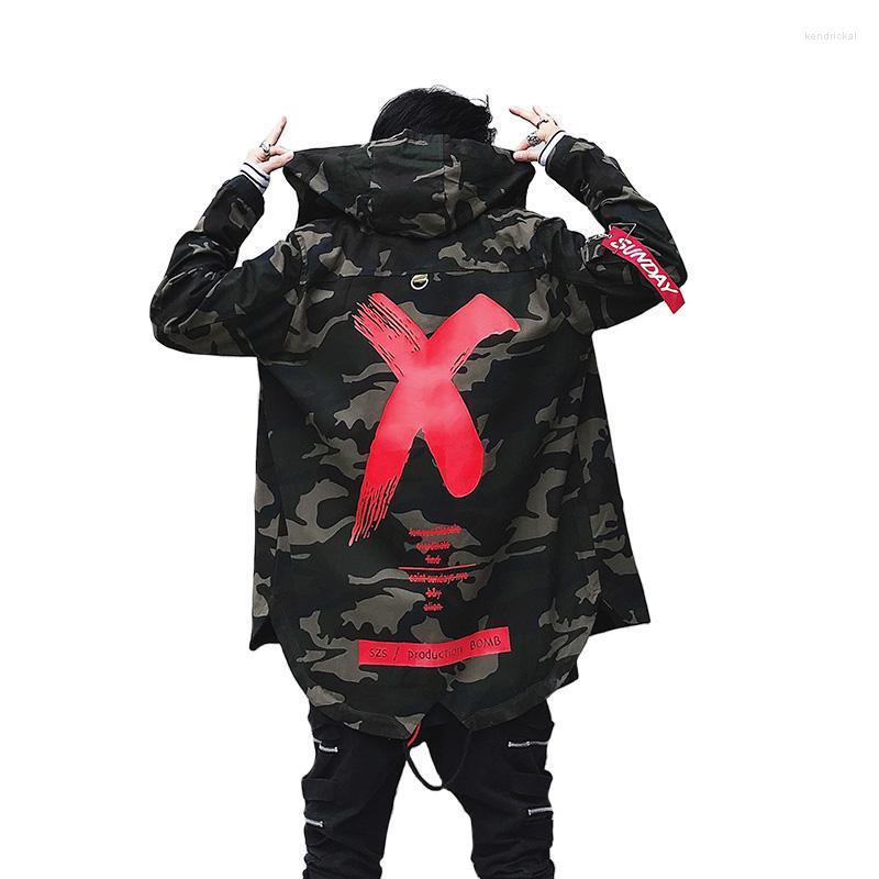 

Men's Trench Coats Spring X Graffiti Print Men Hooded Male Street Hip Hop Casual Loose Camouflage Windbreaker Outerwear Kend22, Red