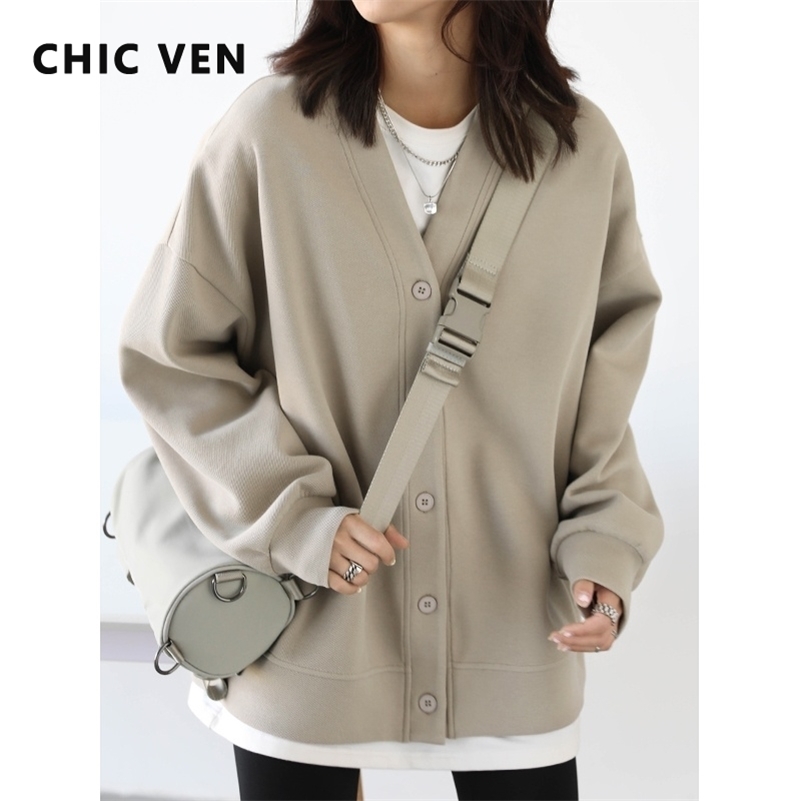 

CHIC VEN Korean Autumn Winter Womens Sports Coat Casual Loose Vneck Sweatshirt for Women Thick Warm Tops Office Lady Female 220813, Mlik tea color