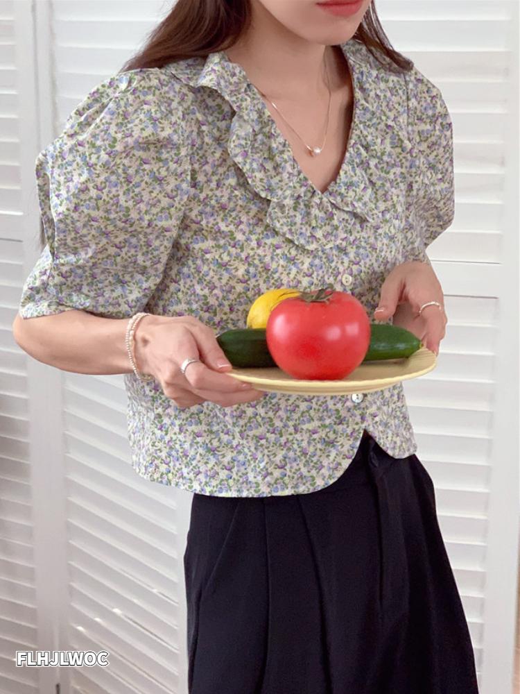

Women's Blouses & Shirts Summer Korea Chic Peplum Tops Blusas Puff Sleeve Flhjlwoc Design Floral Print Retro Vintage Cute Ruffles Hort Women, Blue flower