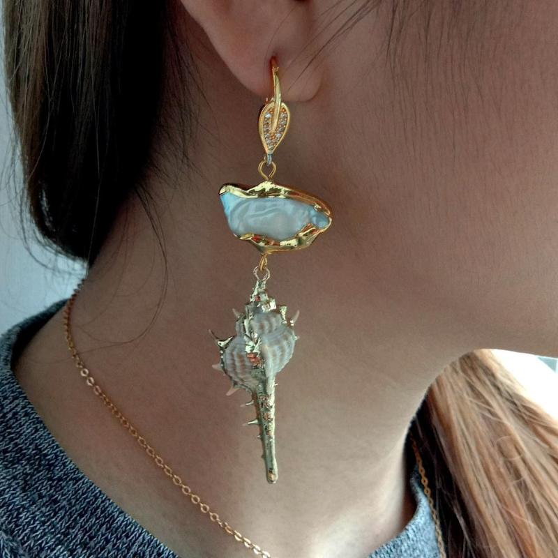 

Dangle & Chandelier Y.YING Yellow Gold Color Plated White Biwa Pearl Sea Snail Shell Drop Earrings Punk Style For WomenDangle