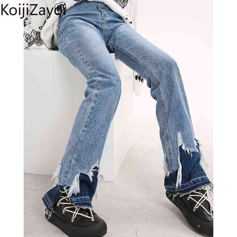 

Koijizayoi Casual Loose Women Jeans Spring Autumn 2022 New Arrival Wide Leg Pant Chic Denim Trousers High Waist Frayed Jeans T220728, Sky blue