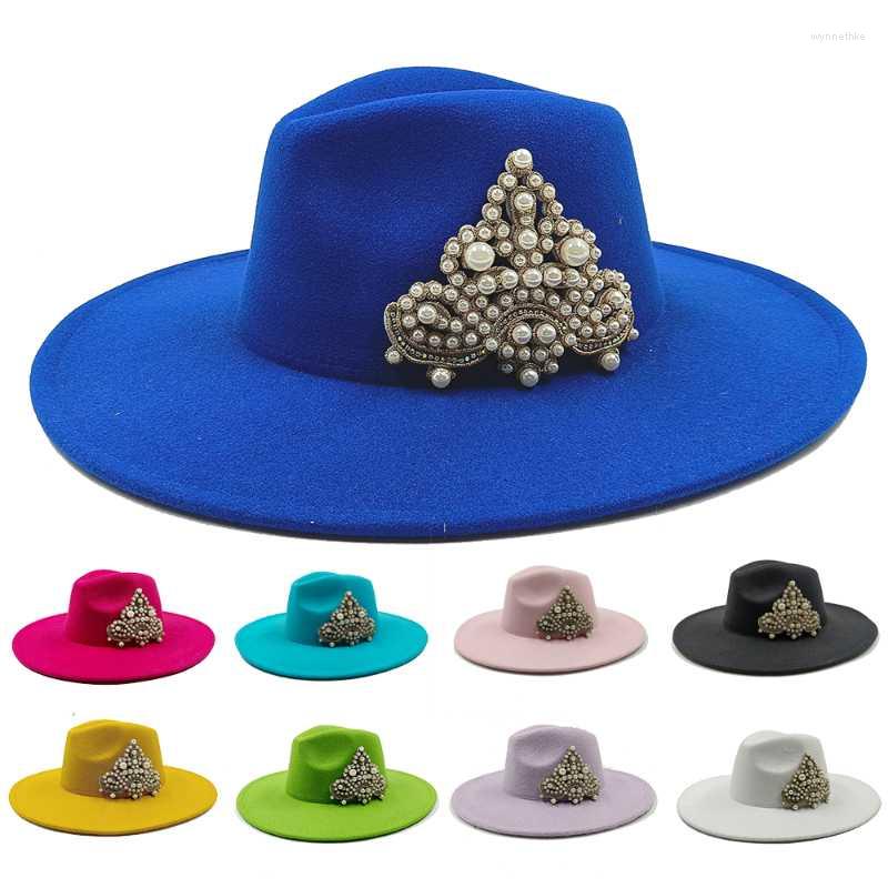 

Berets Women's Hat Simple Top Panama Solid Felt Fedoras For Women Jazz Cap Pearl Crown Accessories 9.5CM Wide BrimBerets BeretsBerets, 05