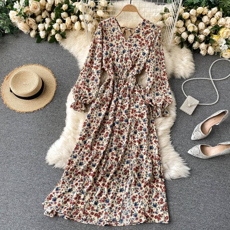 

Casual Dresses 2022 French Spring And Autumn All-Match Retro Floral Dress Long Sleeve Fashion Women' Clothing, Apricot flowers