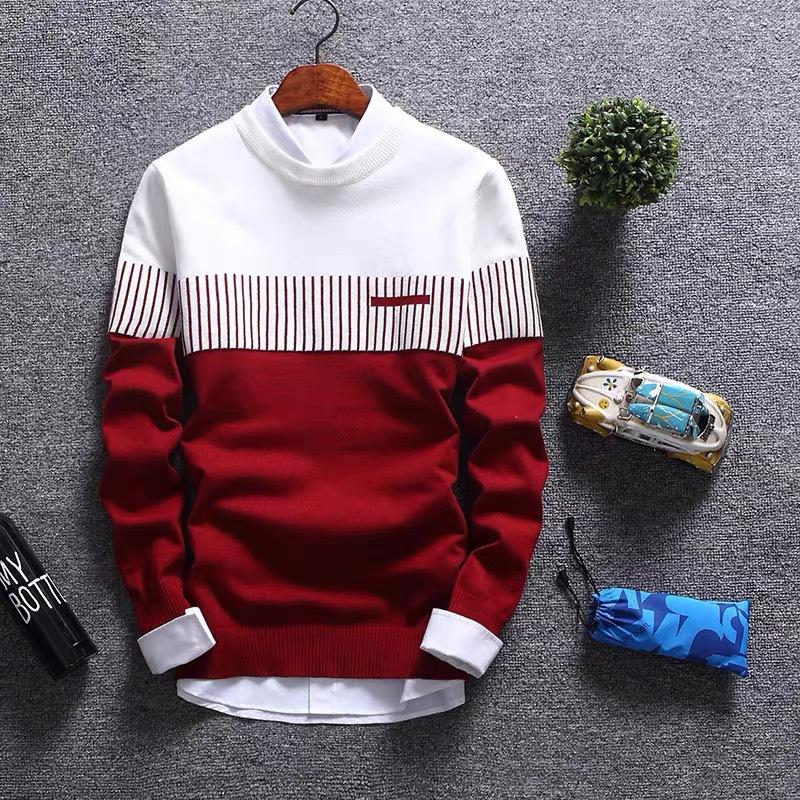 

Men's Sweaters Pullover Sweater Men Korean Fashion Slim Casual Men's O-Neck Striped Fit Knittwear Autumn PulloversMen's, Blue