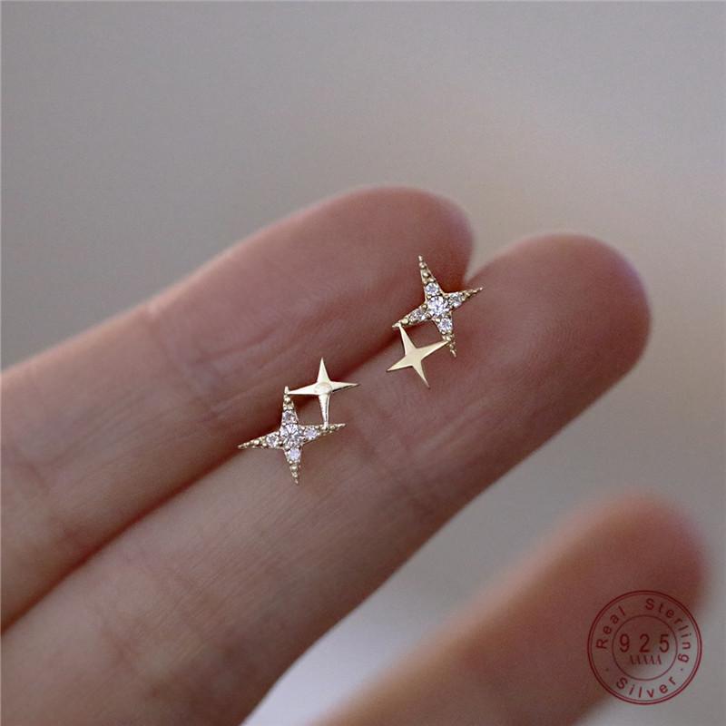 

Stud Sterling Silver Japanese Micro Inlaid Crystal Four-Pointed Star Plating 14k Gold Earrings Women Small Cute Banquet JewelryStud