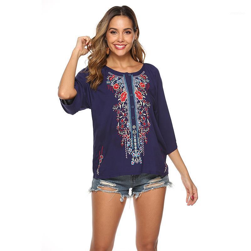 

Women' Blouses & Shirts Navy Floral Embroidery Shirt Cotton Boho Mexican Spring Long Sleeve Plus Size Lace Tie Up -3XL Ethnic, Navy blue