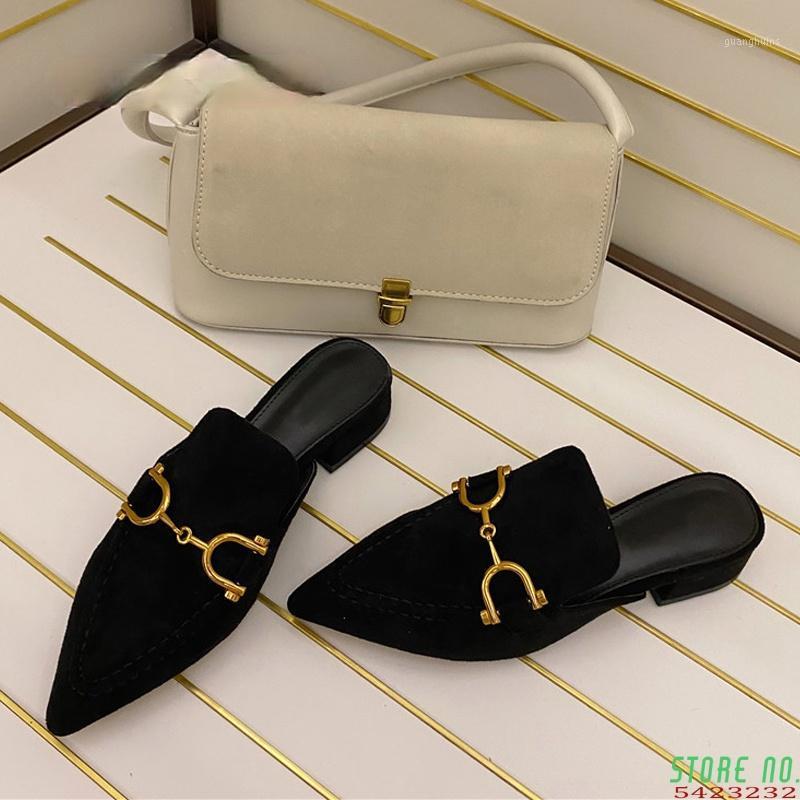 

Slippers Spring Mules Women Heel Shoes Pointed Toe Suede Slides Female Buckle Designer Shoe Woman Slip On Slipper, Beige