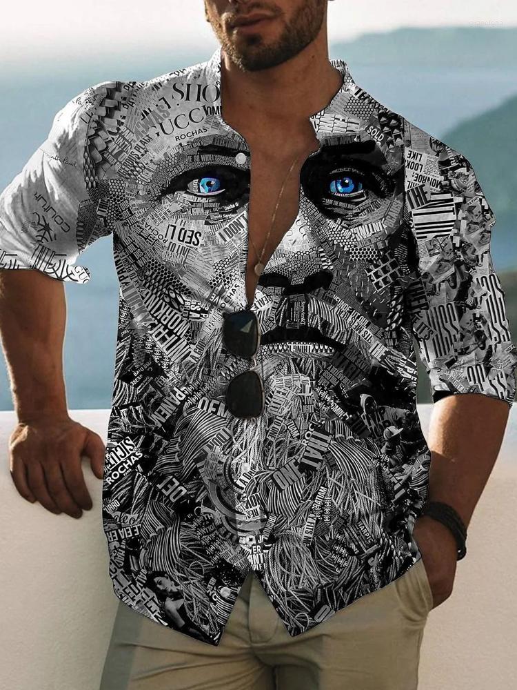 

Men's Polos Vintage Printing Long Sleeve Casual Shirts Men Spring Summer Clothing Fashion Stand Collar Buttoned Cardigan Top Mens Streetwear, 04