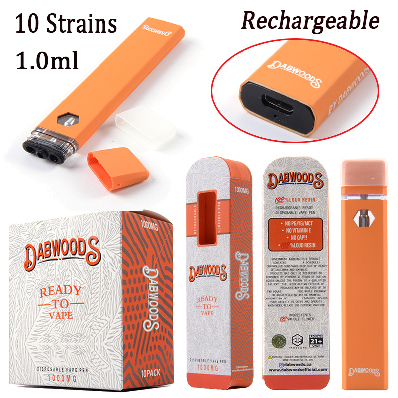 

Dabwoods Disposable Vape Pens E Cigarettes 1.0ml Empty Oil Cartridges Device Pods 280mAh Rechargeable Vapes With Micro USB Charger 10 Strains