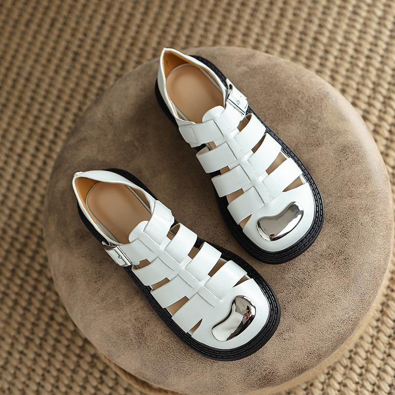 

Sandals Ranbetty Gladiator Shoes Cow Leather Roman Flats Cover Toe Buckle Strap Summer Beach Ladies Casual For Women, Black