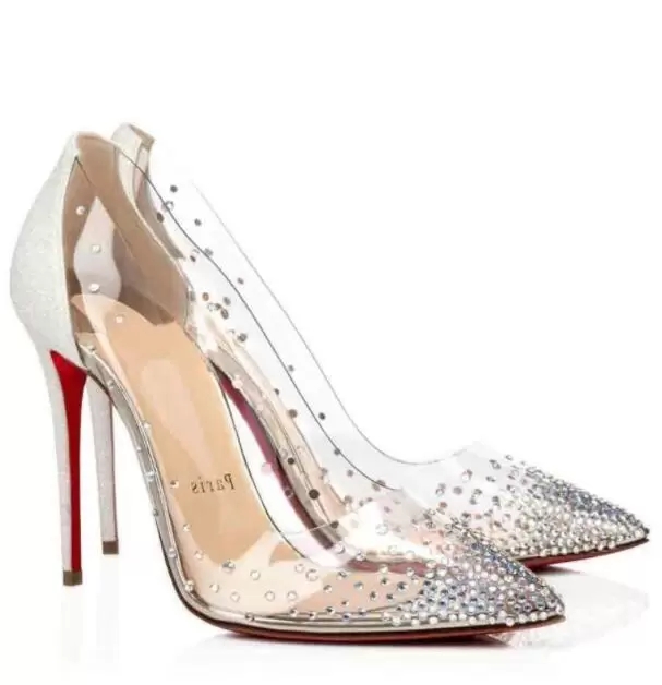 

New Women Wedding Marry Dress Shoes Flat High Heels Red Bottom Pumps Follies Strass Degrastrass Imported mesh+rhinestone Party Evening Shoes 12cm 10cm 8cm