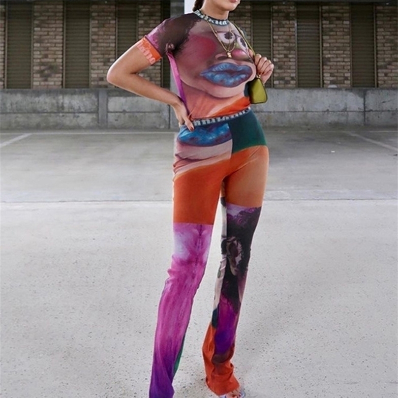 Kliou drôle maille deux pièces ensemble femmes indéfini Y2K lettre dessin animé imprimé haut court magnifique gaine mince taille haute pantalon 2