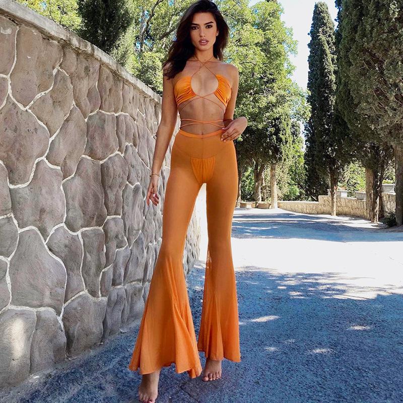 

Women' Pants & Capris WLLWLP Summer Tight Flare Women Fashion High Waist Mesh Solid Color Perspective Trousers A761, Orange