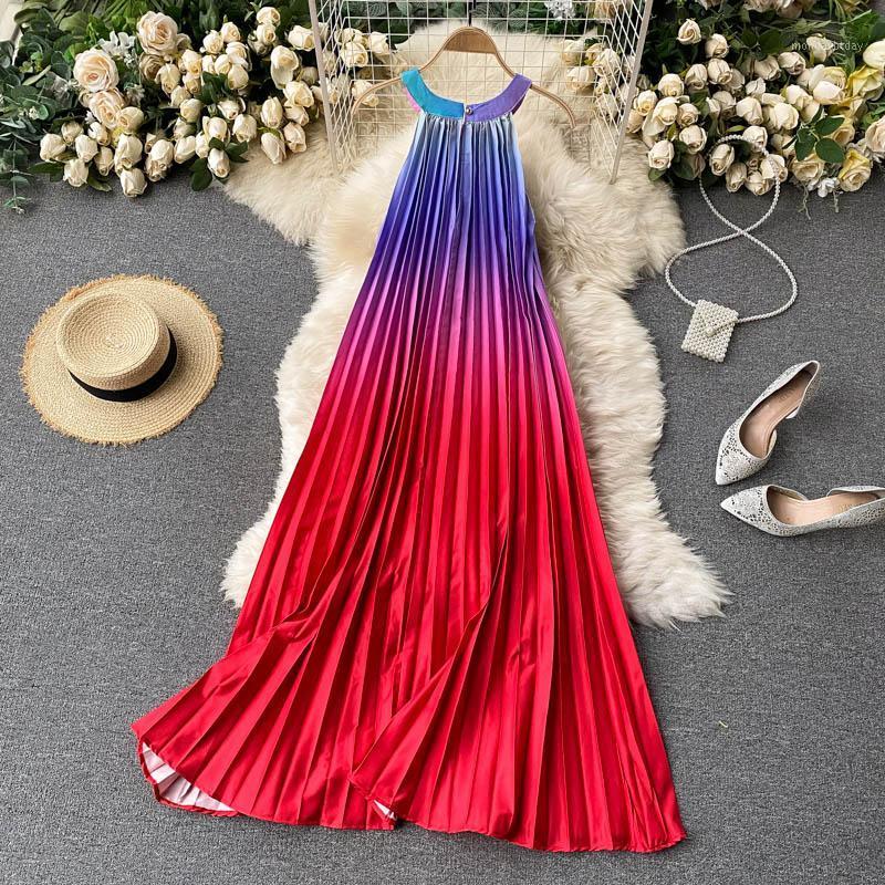 

Casual Dresses Korean Loose Thin Temperament Women Dress O-Neck Halter Rainbow Gradient Pleated Vacation Travel Fairy A-Line Sundress, Pink