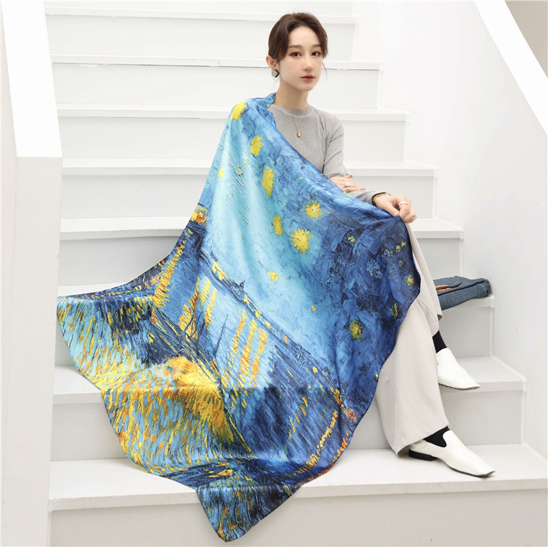 

Fashion Scarves Van Gogh Art Oil Painting Women Shawl Silk Female Bandana Square Ladies foulard wrap pareo headcloth kerchief