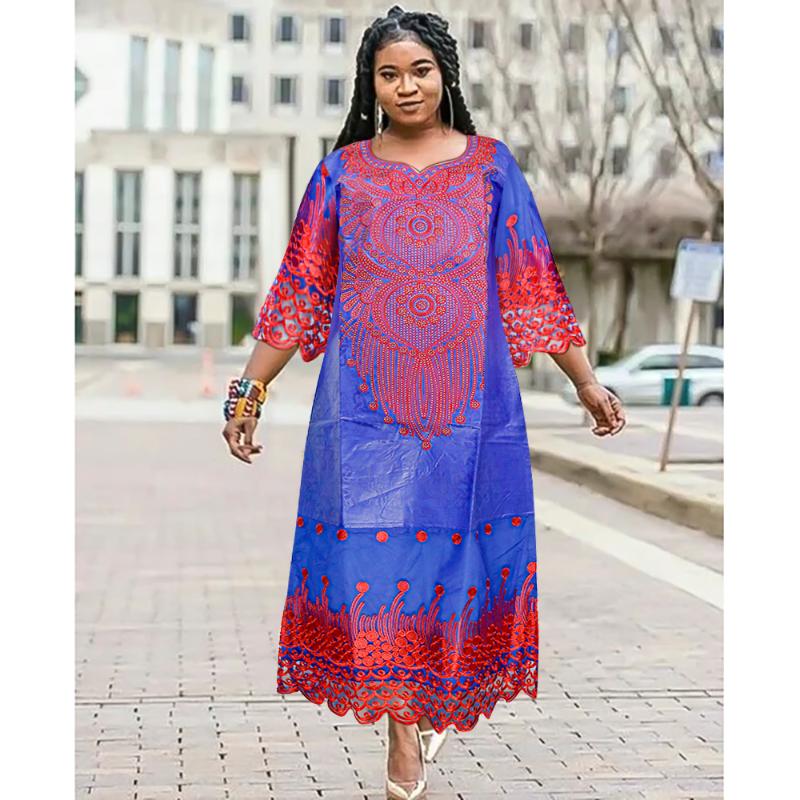 

Ethnic Clothing H&D Embroidery Dresses African Clothes For Women Traditional Rich Bazin Original Maxi Dress Blue Grand PartyEthnic