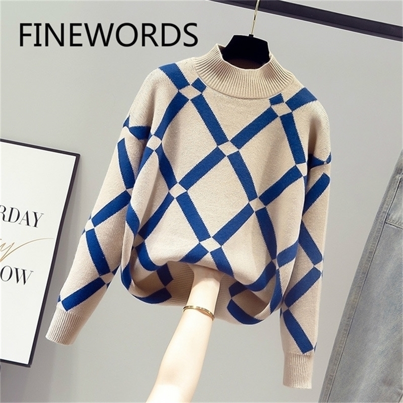 

FIORDS Women Geometric Khaki Knitted Sweater Casual Korean Pullover Female Autumn Winter Retro Jumpers Swetry Damskie 201209, Purple