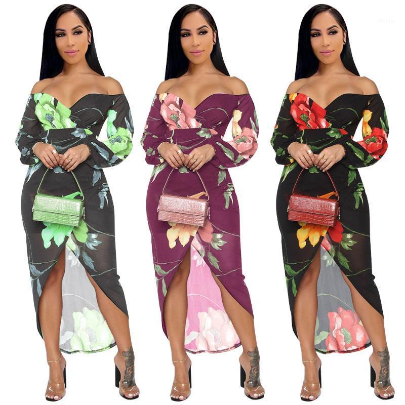 

Casual Dresses 2022 Sexy One Shoulder Maxi Dress Women Slit Slim Hollow Out Lady Fashion Floral Printed Party Vestido De Mujer, Black
