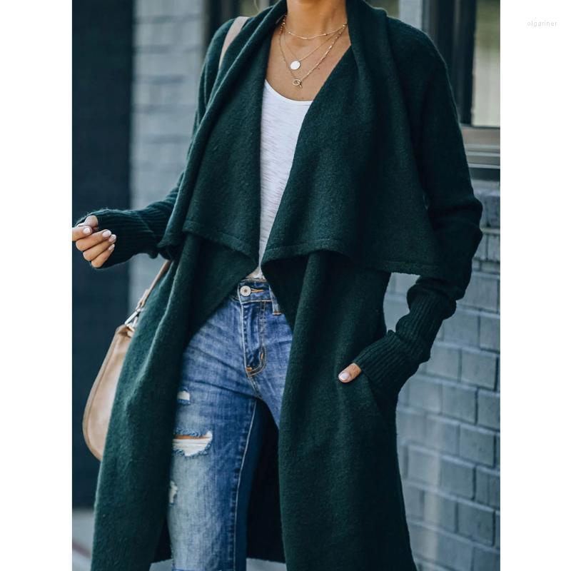 

Women' Knits & Tees Fall Korean Fashion Super Long Commute Knit Cardigan Jacket Winter Lapel Black Grey Pink Warm Basic Women -XLWomen' O