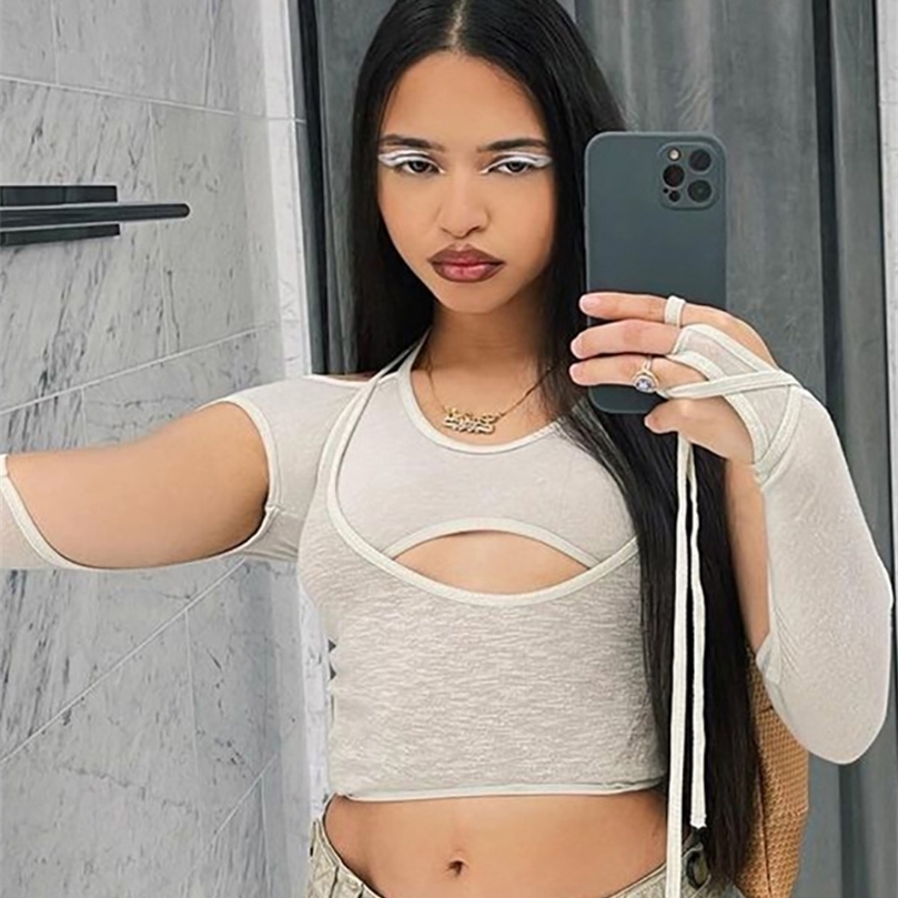 

Goth Dark Y2k Punk Sexy Women 2 Pc Set T-shirts Cyber Bodycon Patchwork Halter Crop Tops Grunge Bandage Cut Out Sleeve Streewear 220407, Light grey