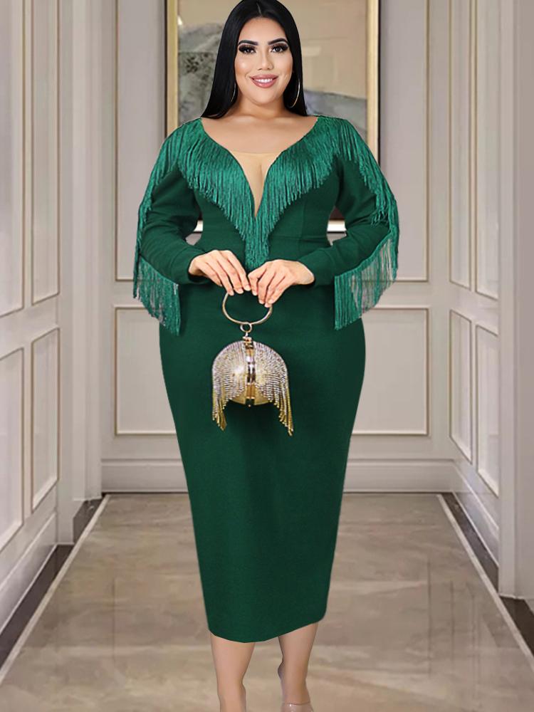 

Plus Size Dresses Elegant Dress Midi Fashion Chic Tassel Long Sleeve Evening Party For Women 2022 Summer Green Club OutfitsPlus