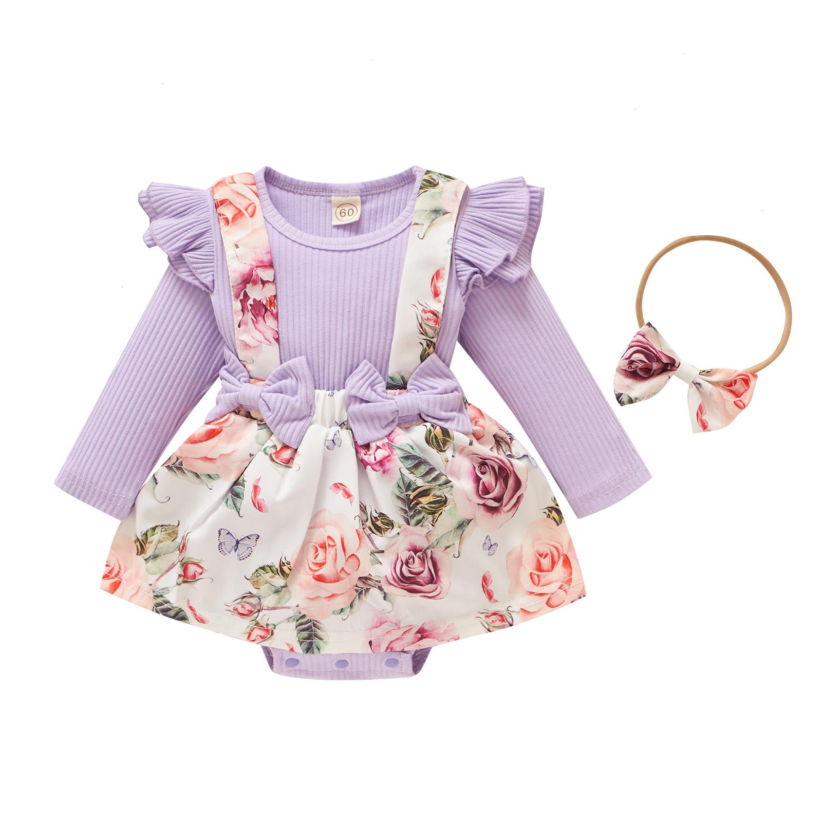 

0-18m Infant Baby Sets Girls Romper Headband 2pcs Flowers Printed Long Sleeve Ruffles Bowknot Jumpsuits Dress