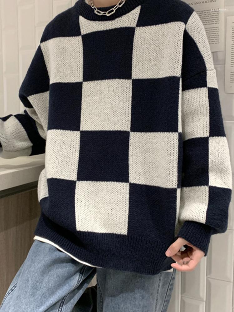 

Men's Sweaters Chessboard Sweater For Men Patchwork Harajuku Street Retro Round Neck Pullovers Knitted Casual Loose Vintage Male Unisex Perf, Blue