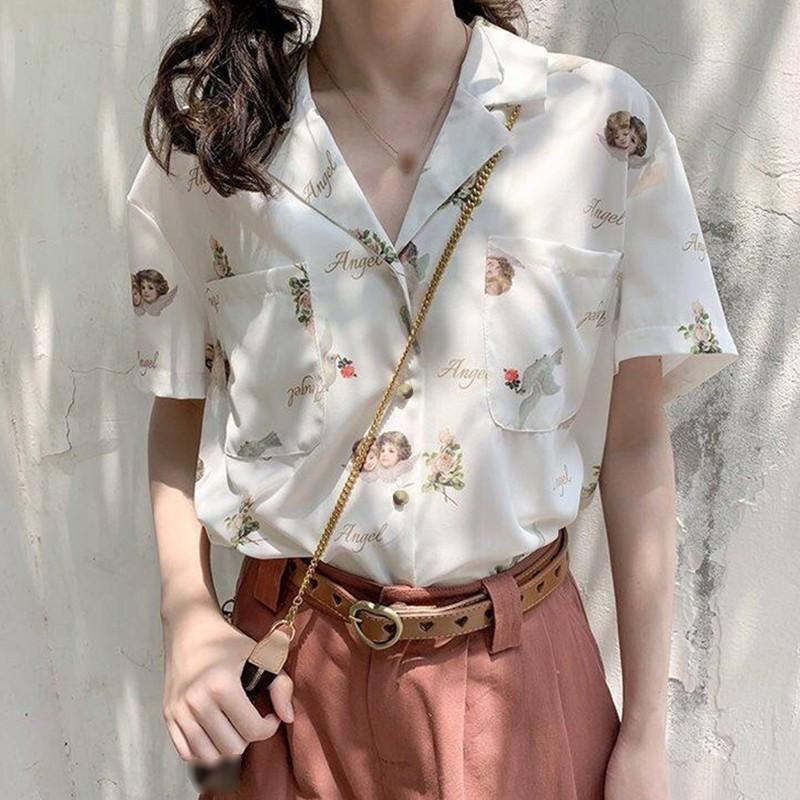 

Women's Blouses & Shirts Summer Women Floral Shirt Short Sleeve Retro French Style Single Breast Ladies Tops, White