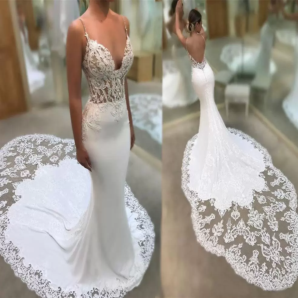 

2022 Mermaid Wedding Dresses Bridal Gown Spaghetti Straps Beaded Lace Applique Chapel Train Boho Vestido de novia Custom Made Plus Size, Custom made from color chart