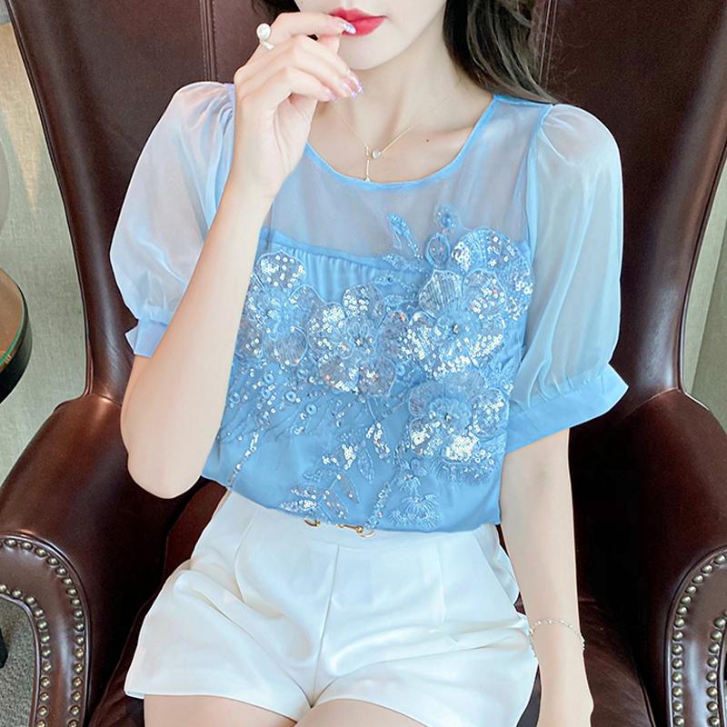 

Women' Blouses & Shirts Summer Embroidery Shirt Women Elegant Beading Hollow Out Blouse Short-sleeved Sequin Mesh Tops BlusaWomen, Blue