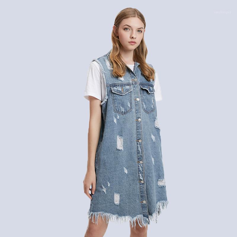 

Spring Style, Comfortable, Versatile, Loose, Casual, Hole, Long Denim Vest Women Skirts, Blue