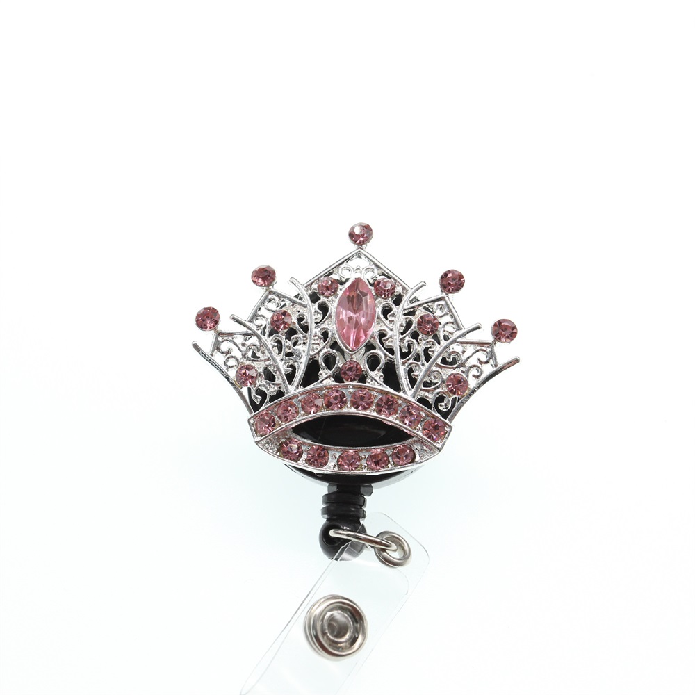 

1pc /5pcs /10pcs Pink Rhinestone Crystal Crown Badge Reel Retractable ID Badge Holder For Nurse Student Staff