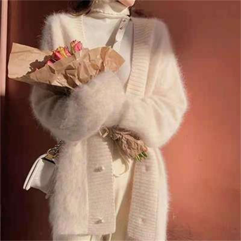 

Women's Knits & Tees 2022 Spring And Autumn Imitation Mink Velvet Sweater Jacket Female Super Fairy Lazy Loose V-neck Outer Knit Cardigan H8, White