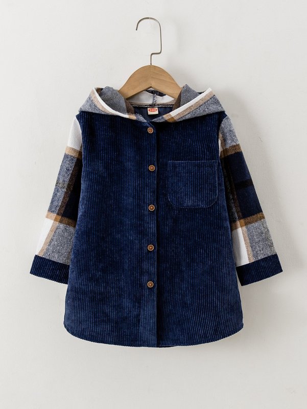 

Toddler Boys Plaid Print Hooded Corduroy Coat SHE, Navy blue