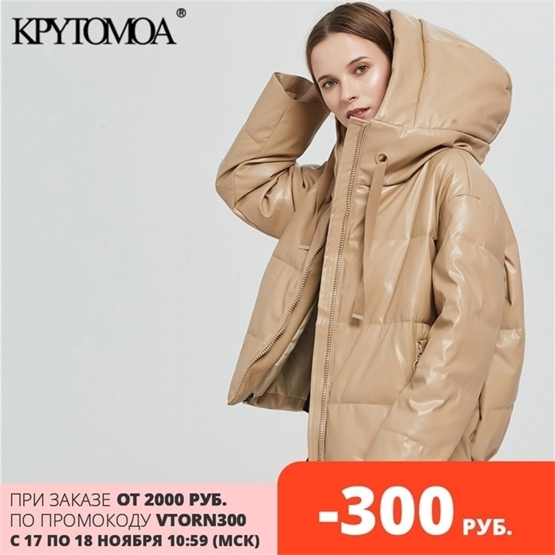 

KPYTOMOA Women Fashion Thick Warm Faux Leather Padded Jacket Coat Vintage Long Sleeve Oversized Parka Female Outerwear Chic Tops 201127, As picture