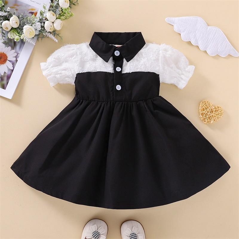 

Girl's Dresses Blotona Baby Dress Contrast Color Turn-Down Collar Short Puff Sleeve With Buttons For Summer 0-18 MonthsGirl's, White