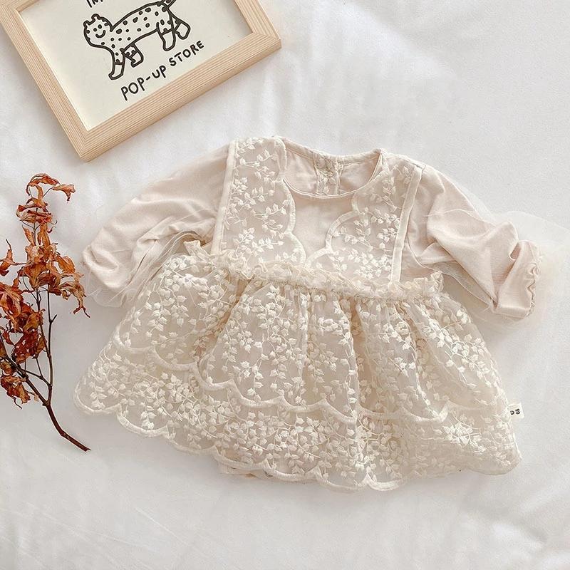 

Girl's Dresses Summer Autumn Born Baby Girls Dress Long Sleeve Lace Mesh Bodysuit Princess Birthday Party For 0-2YearsGirl's, Beige