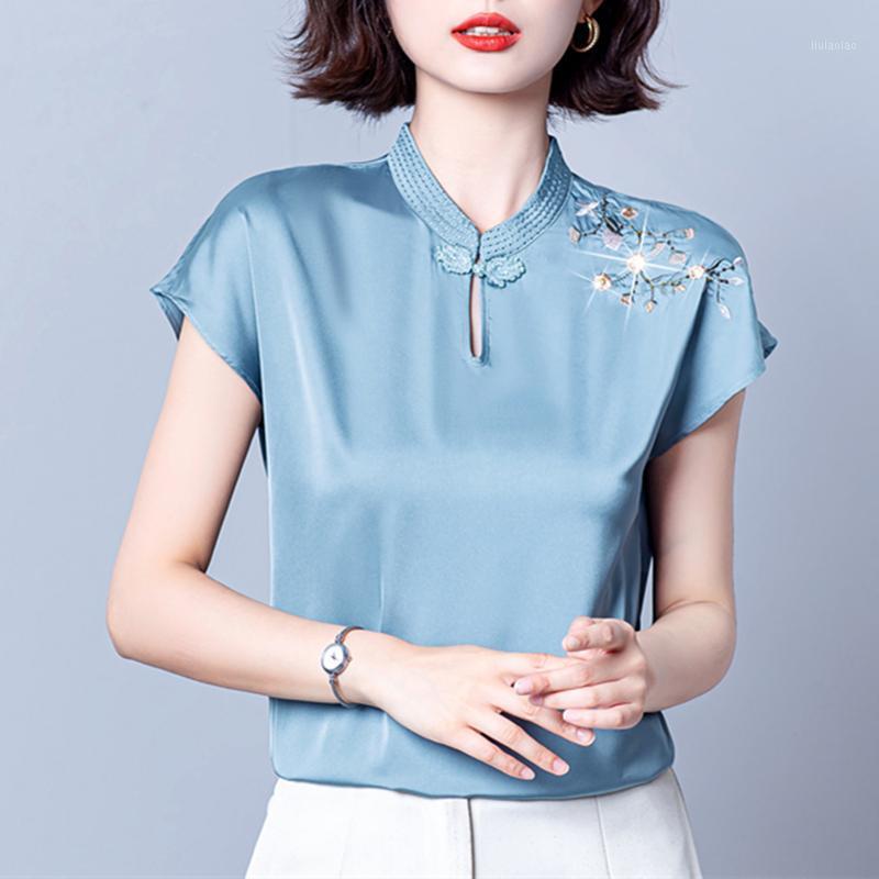 

Women's Blouses & Shirts Elegant Floral Embroidery Blue 3XL High Quality Casual Loose Satin Summer Womens Tops Clothing 2022 Blusas Female, Sky blue