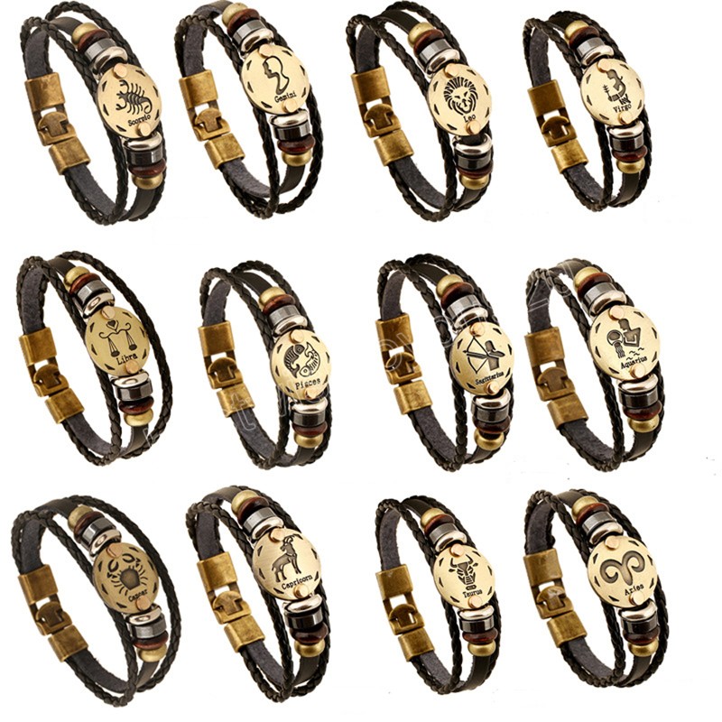 

Fashion Bronze Alloy Buckle 12 Constellation Leather Bracelet Wooden Beads And Black Hematite Jewelry