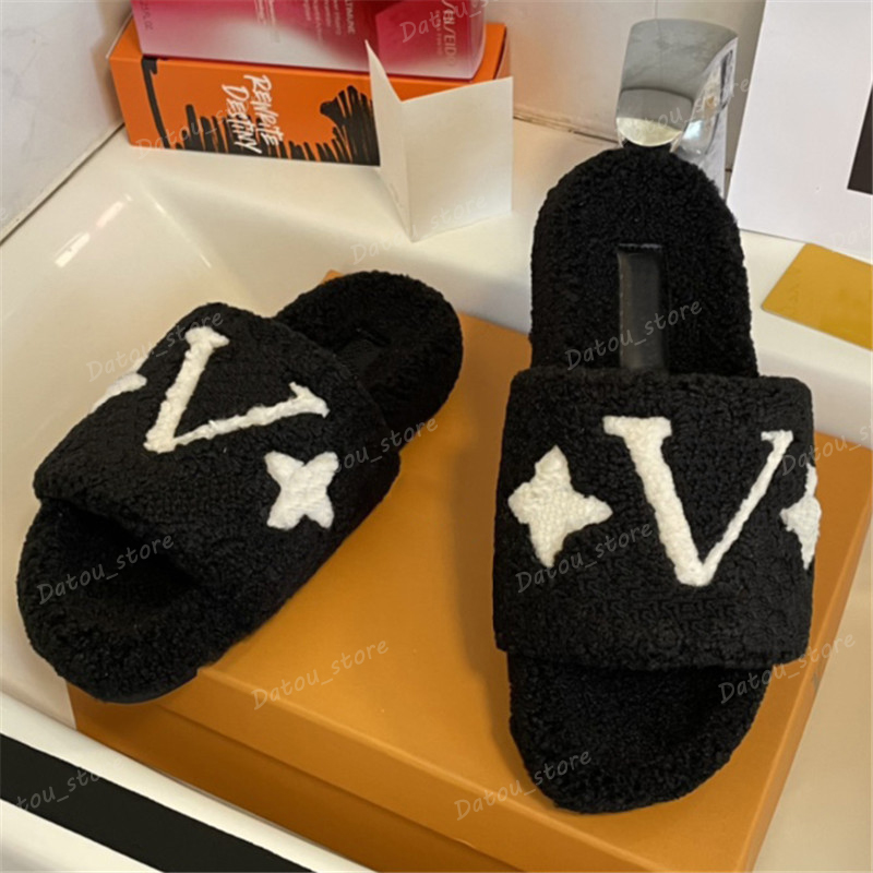 

Autumn Lambswool Slipper For Woman Designer Teddy Sandals Shoes High Quality Womens Fluffy Flat Slides Flip Flops Luxury Brand Slippers, Khaki1