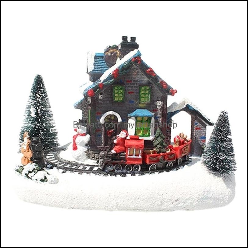 

Decorative Objects Figurines Home Accents Decor Garden Christmas Village Led Lights Small Train House Luminous Landscape Resin Desktop Orn