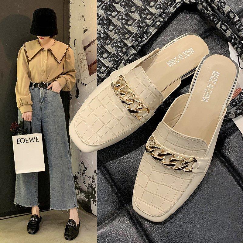 

Slippers Ladies Striped Shoes 2022 Chain Mules Women Slides Square Toe Summer Fashion Footwear Plus Big Size 43, Black