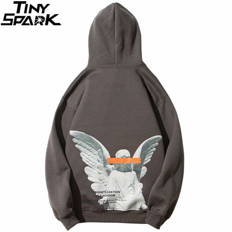 Hommes Hip Hop Streetwear Harajuku Pull Ange Dieu Imprimé Sweat À Capuche Poche Coton Polaire Gris Sweat À Capuche 220720