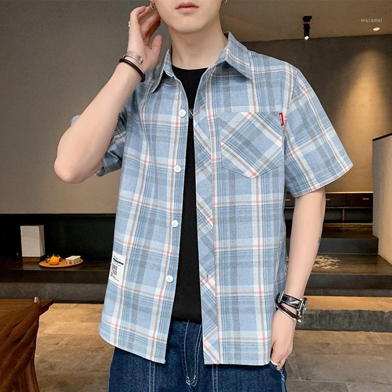 

Men's Casual Shirts Men Clothing 2022 Short-sleeved Mens Summer Thin Loose Striped Plaid Half-sleeved Clothes Trendy, Blue
