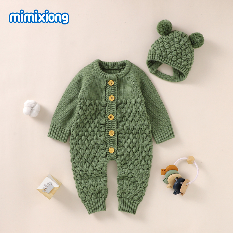 Bébé barboteuses casquettes vêtements ensembles né fille garçon tricoté combinaisons tenues automne hiver à manches longues enfant en bas âge sal