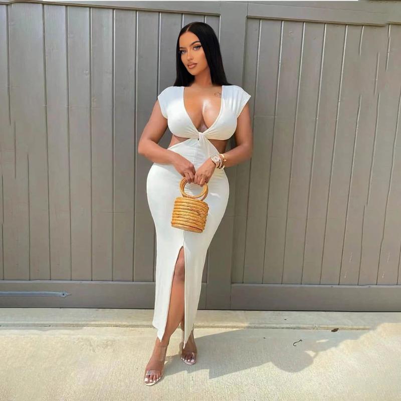 

Casual Dresses Fashionable Temperament Ladies Street Evening Dress Sexy V-neck Waist Slit Slim DressCasual, Black